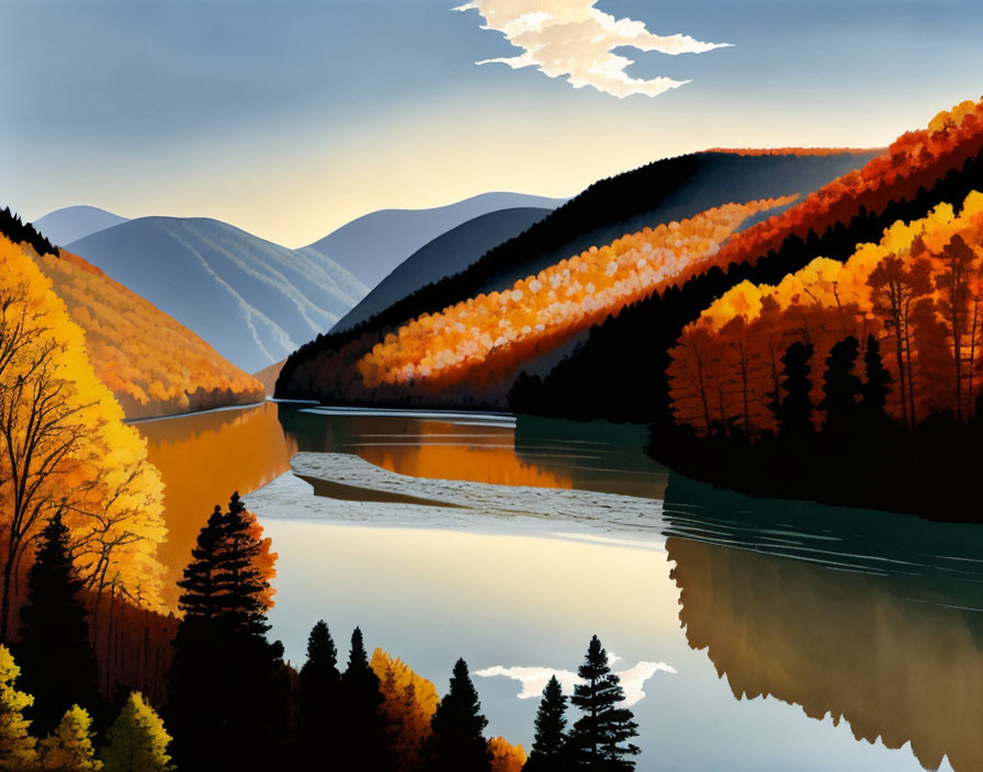 Tranquil river mirroring vibrant autumn forest colors