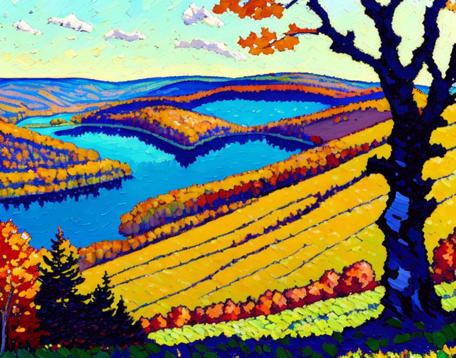 Colorful Autumn Forest Landscape Painting with River & Blue Sky