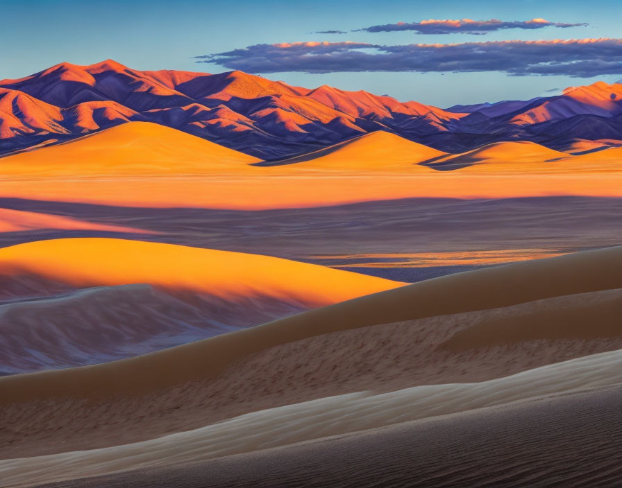 Orange and purple sunrise/sunset over sand dunes with mountain silhouettes