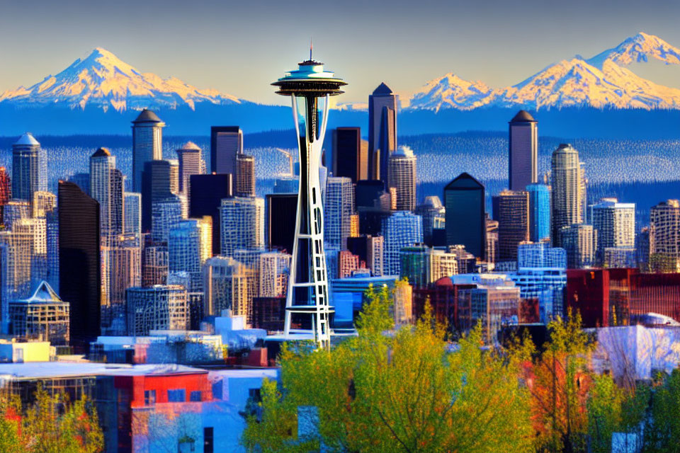 Seattle skyline with Space Needle and Mt. Rainier on clear day