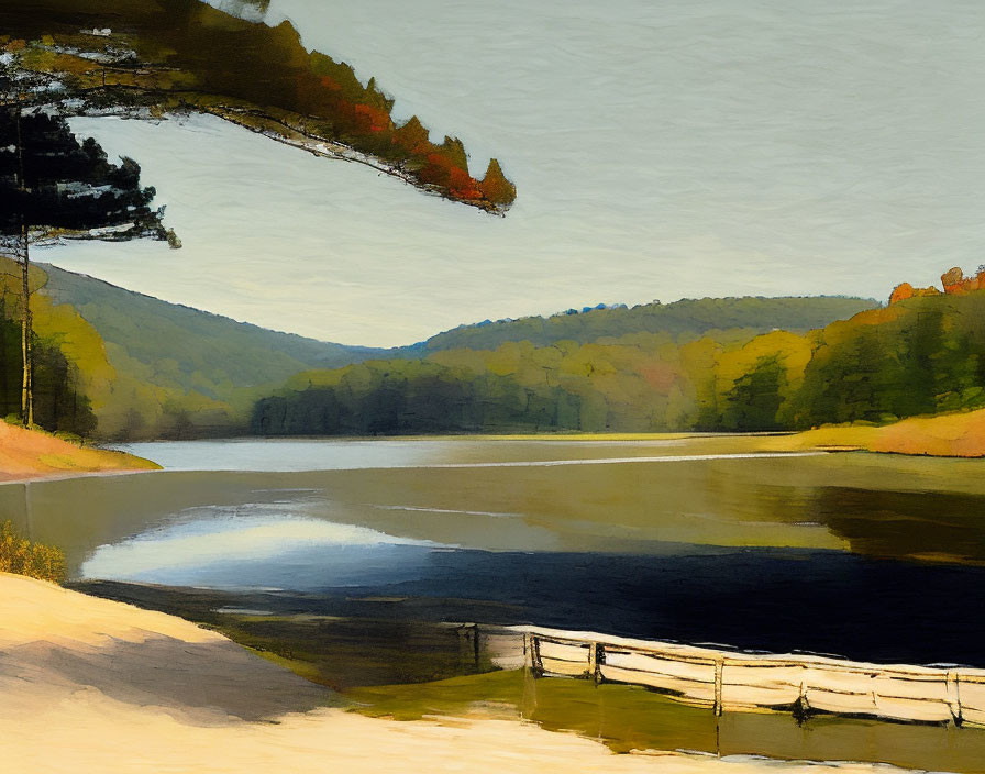 Tranquil lake scene with wooded hills and white fence