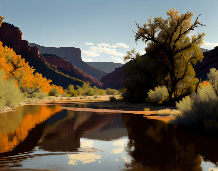 Serene River Reflecting Autumn Trees and Red Rock Cliffs