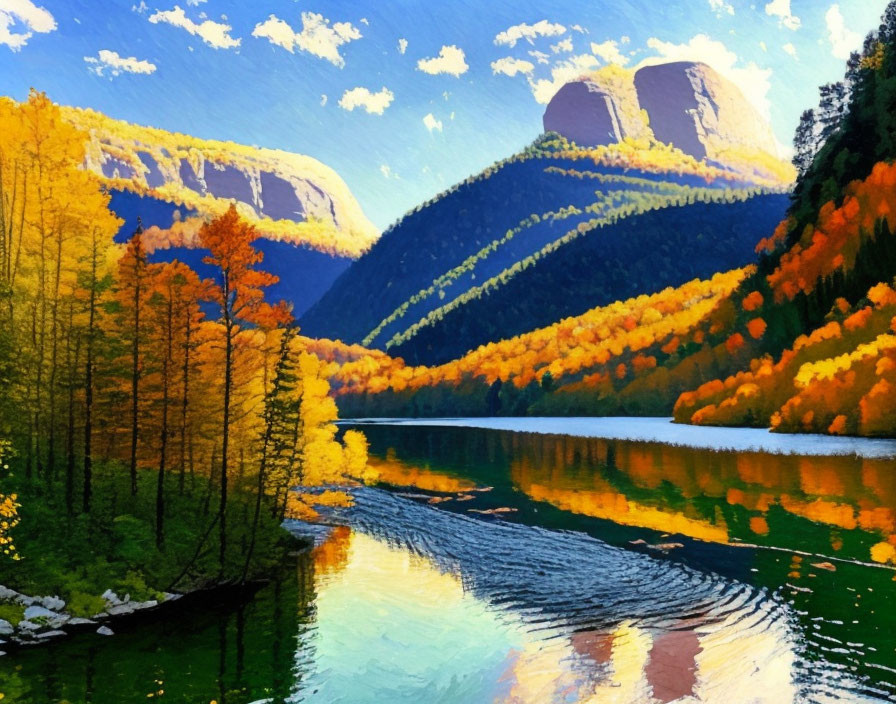 Tranquil autumn landscape with colorful foliage, lake, and hills
