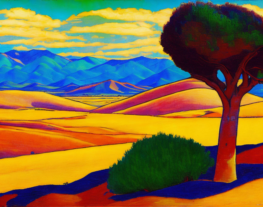 Colorful painting of solitary tree and bush in scenic landscape with mountains and sky