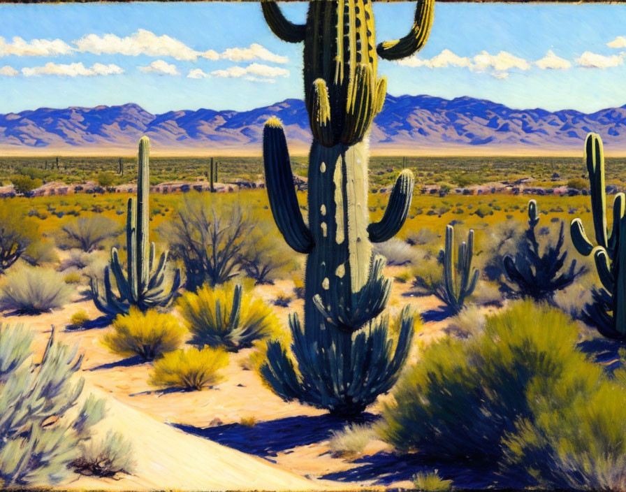 Colorful desert landscape with saguaro cacti and blue sky