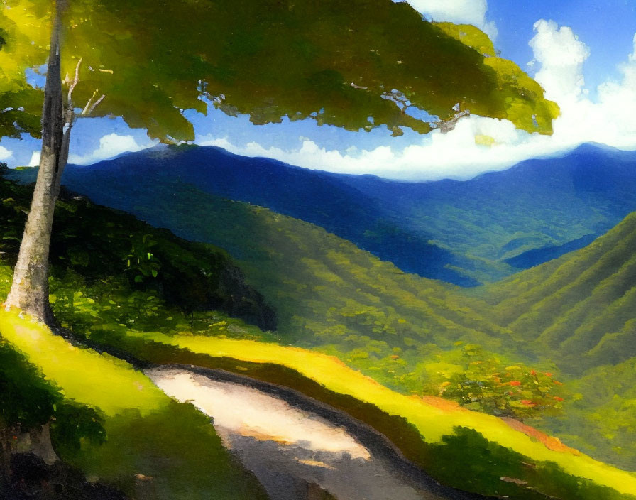 Scenic painting of dirt path in green mountains