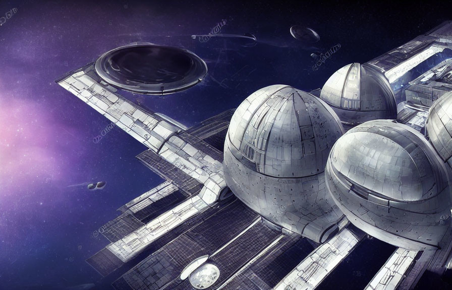 Futuristic space station with domes, solar panels, and cosmic backdrop