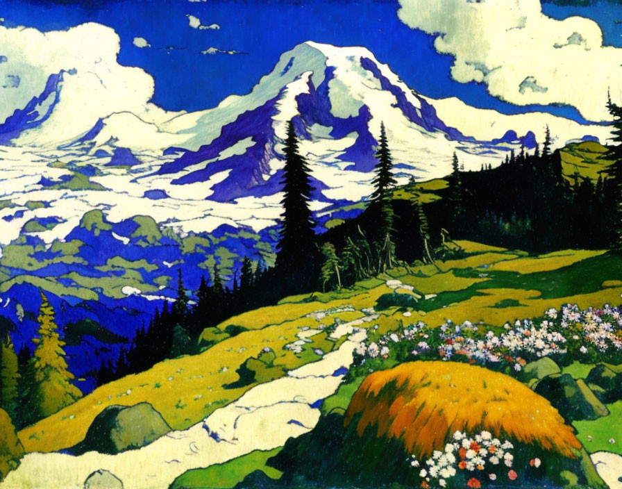 Snowy mountain painting overlooking colorful landscape with green fields and wildflowers.