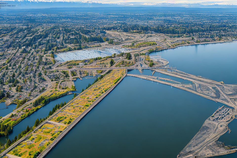 Aerial View of Bridge over River in Urban Landscape