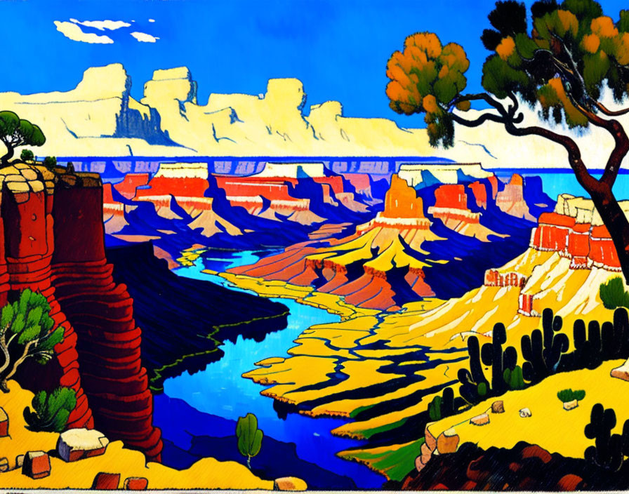 Colorful painting of canyon with river, rocks, trees under blue sky