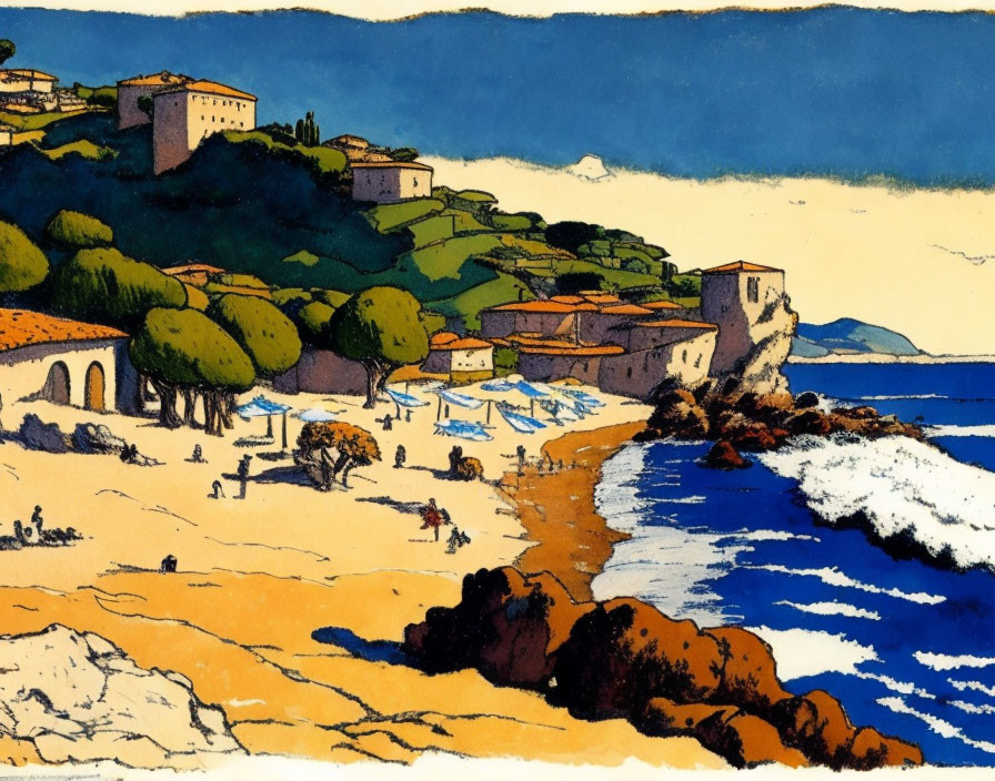 Colorful Mediterranean Beach Scene with People, Waves, and Coastal Buildings