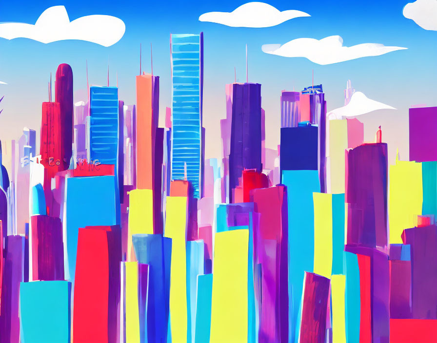 Colorful Abstract Cityscape with Multicolored Skyscrapers on Blue Sky