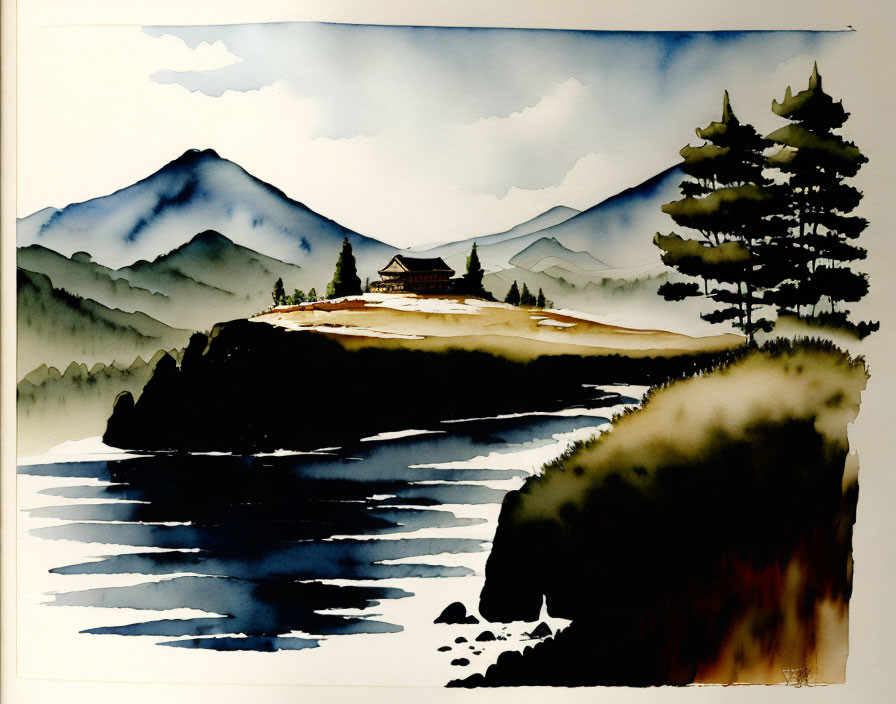 Serene landscape watercolor painting with house, mountains, trees, river, and hazy sky