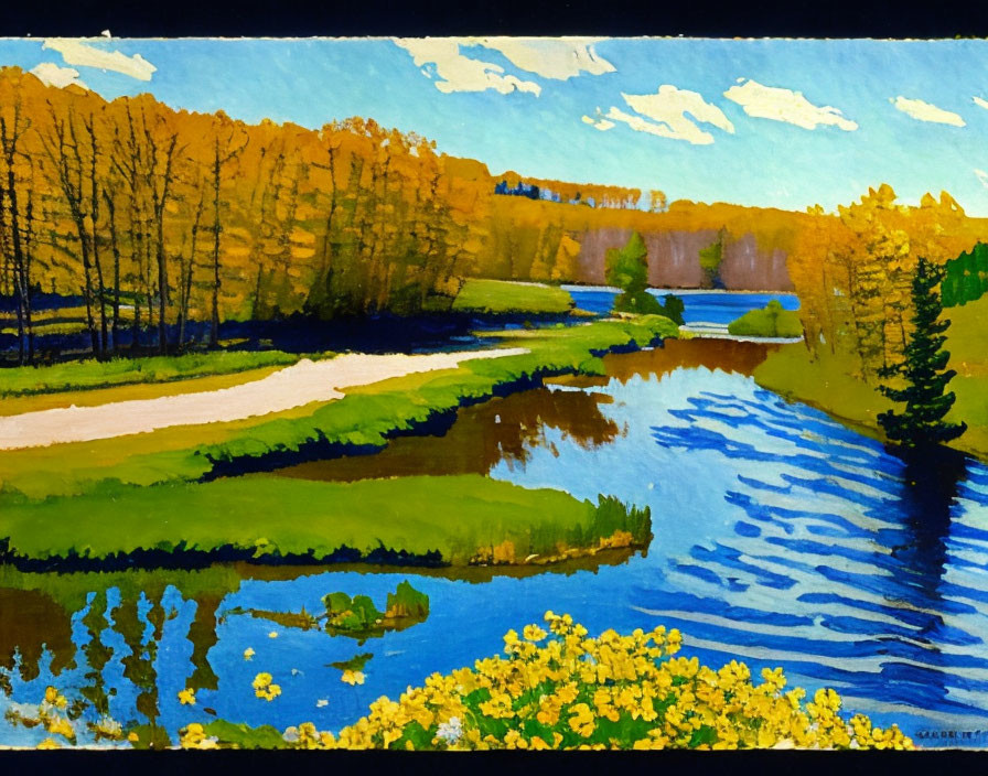 Serene river landscape with golden flowers and forest
