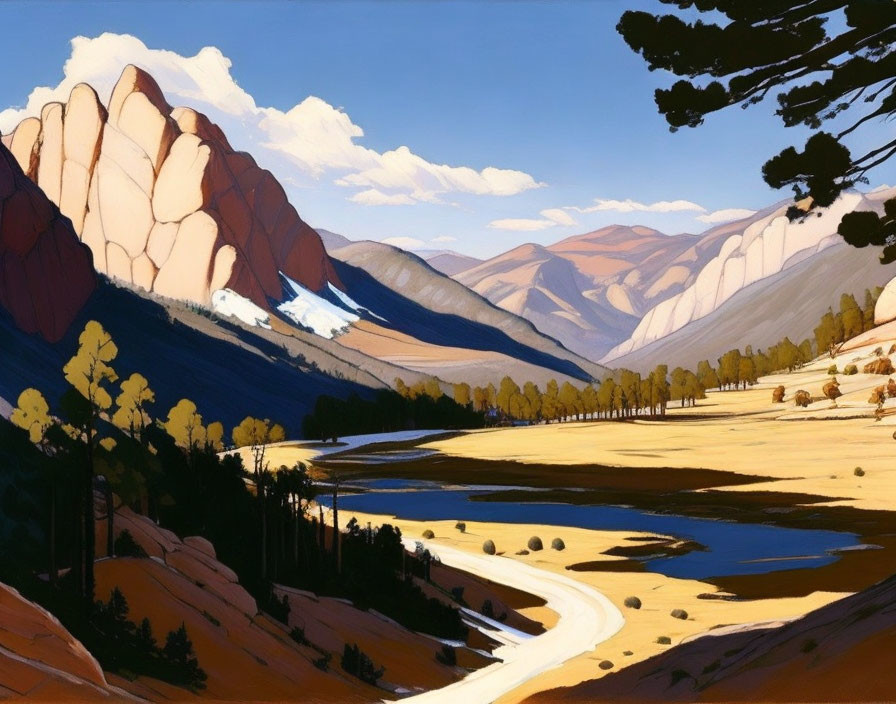 Illustrated landscape with rock formations, river, trees, and mountains