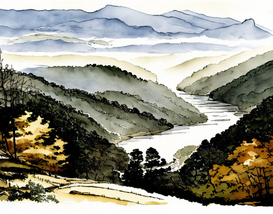 Layered Mountain Ridges with Meandering River in Ink and Wash Painting