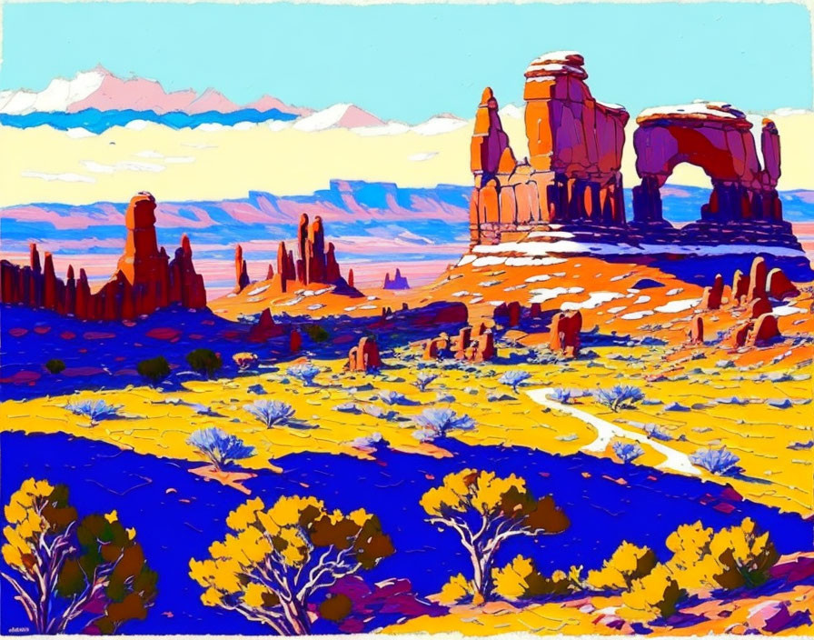 Colorful desert landscape with rock formations and arches under a blue sky
