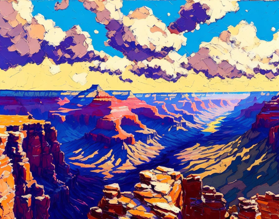 Colorful canyon painting with layered rock formations and fluffy cloud-filled sky