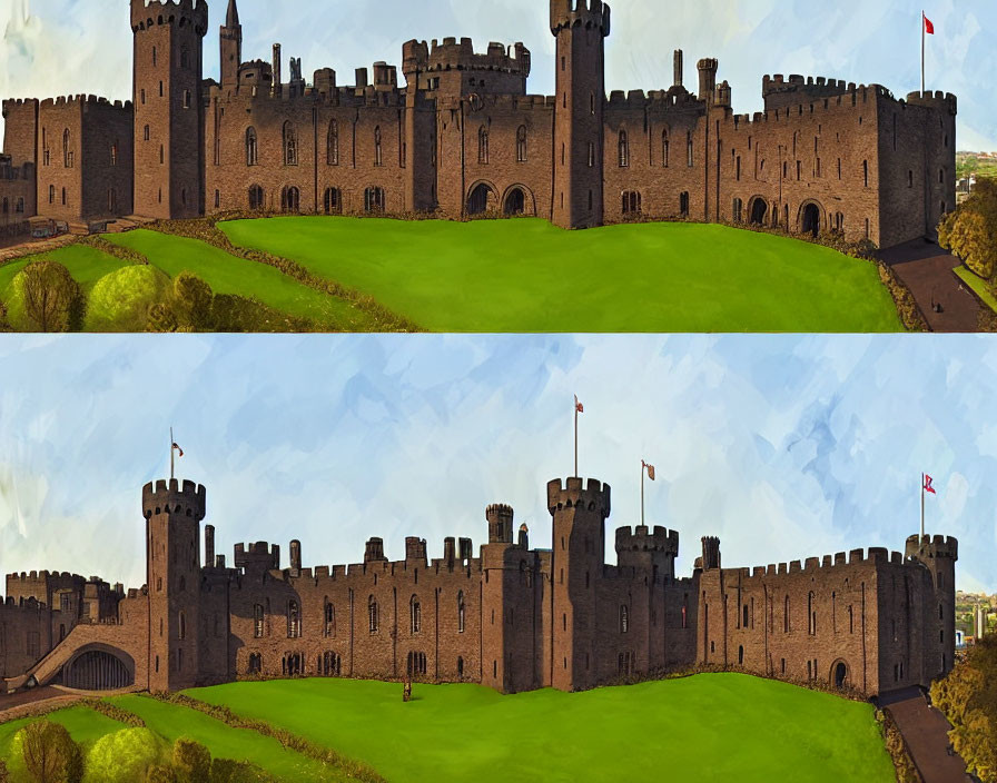 Medieval castle with towers and battlements in green landscape