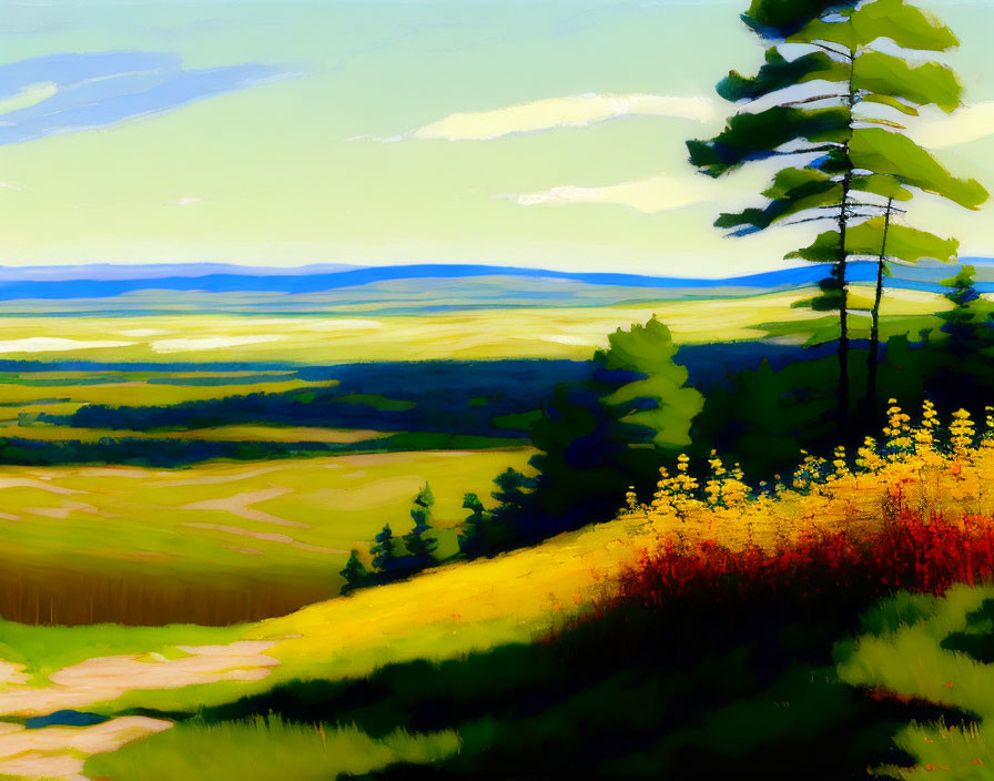 Colorful landscape painting with hill, wildflowers, pine trees, and distant plains under blue sky
