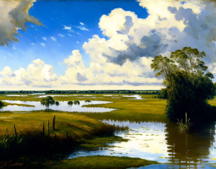 Tranquil landscape painting of lush green field under dynamic sky