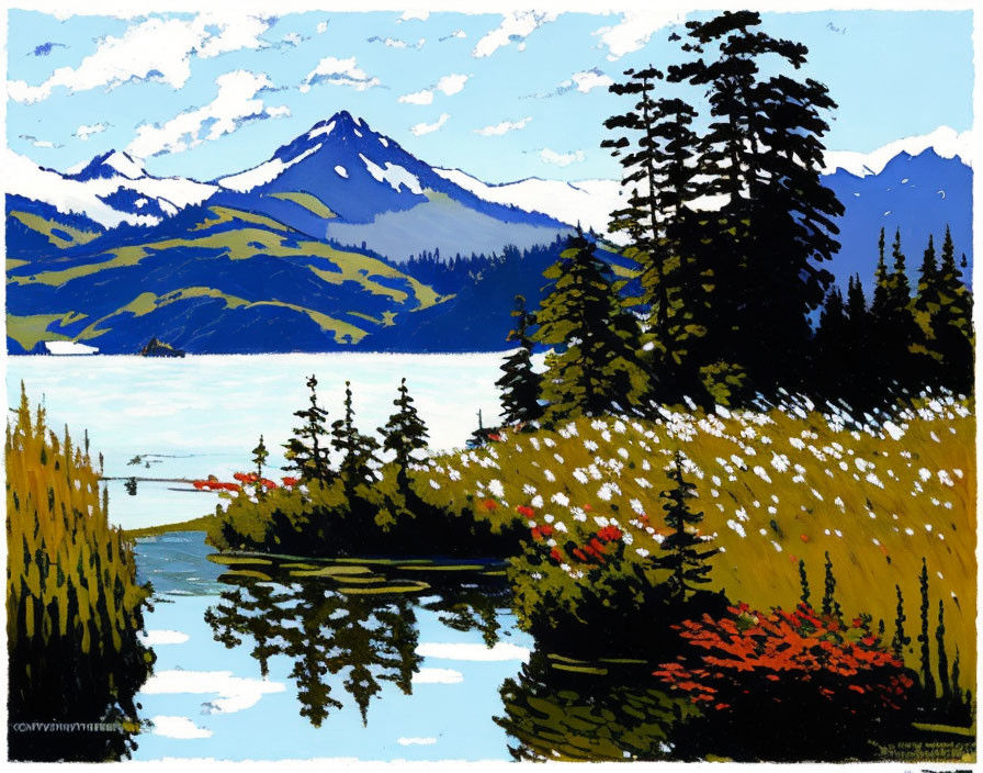 Scenic painting of serene lake, wildflowers, pine trees, and mountains