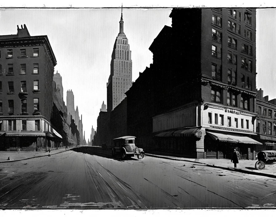 Vintage cars and Empire State Building in black and white city street photo.