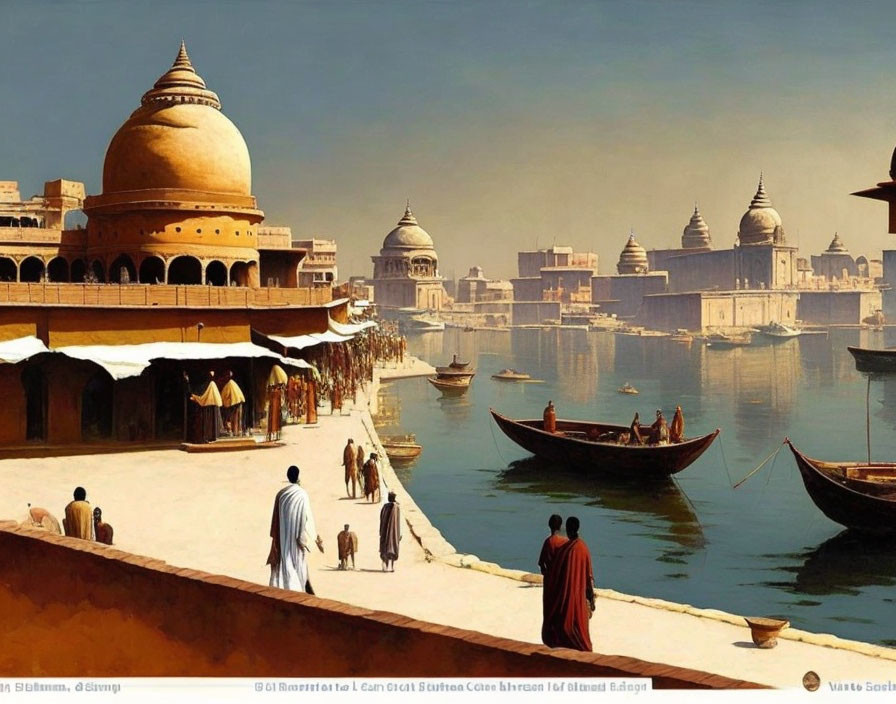 Traditional riverside scene with people, boats, and ornate domed buildings under clear sky