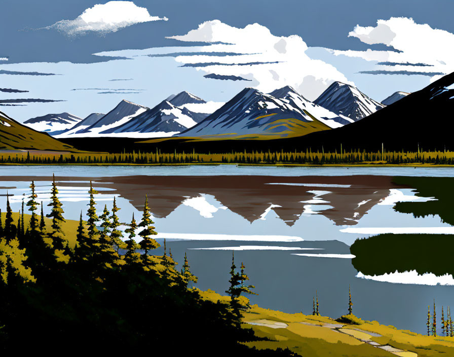 Scenic illustration: serene lake, snow-capped mountains, blue sky, white clouds, green and