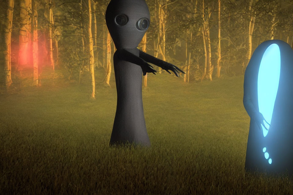 Animated alien in misty forest reaching for glowing blue object