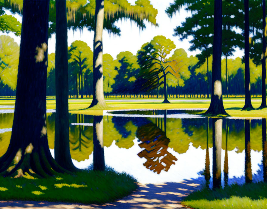 Tranquil park painting with towering trees and reflective water
