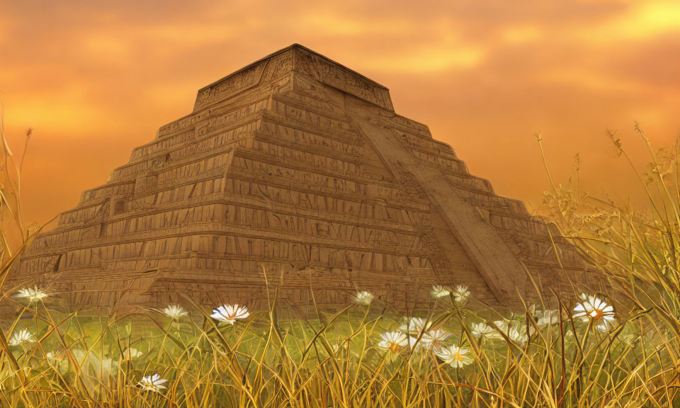 Digital image: Ziggurat-like structure in field with daisies under orange cloudy sky