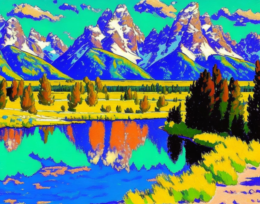 Colorful Mountain Landscape Painting with Lake Reflection