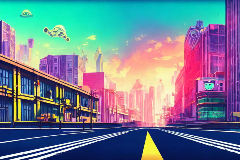 Colorful futuristic cityscape with sleek buildings and flying vehicles