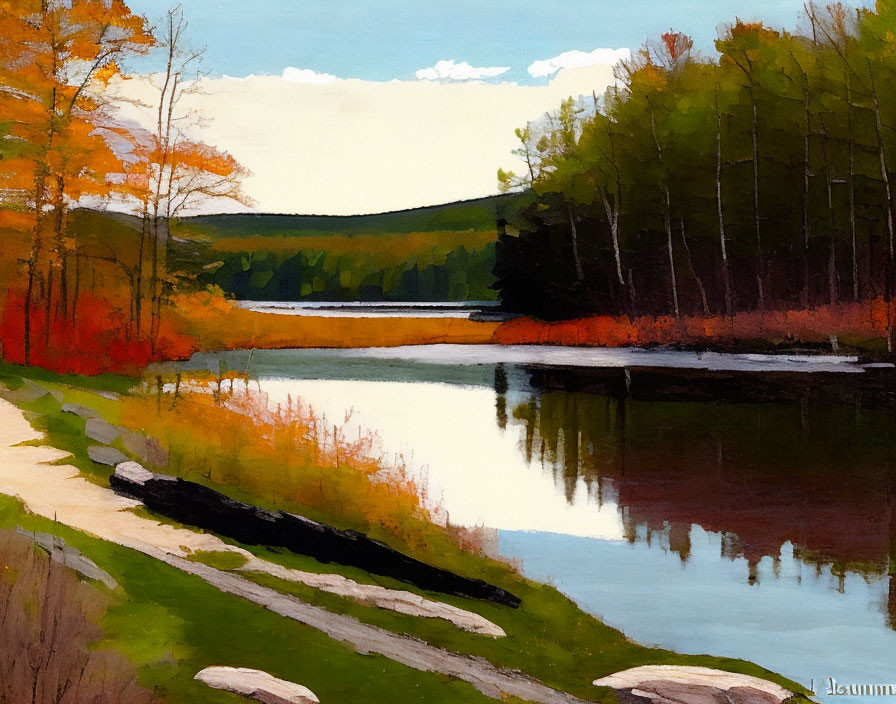 Tranquil landscape painting of serene lake and autumn trees