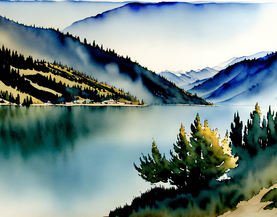 Serene mountain lake scene with layered hills and pine trees