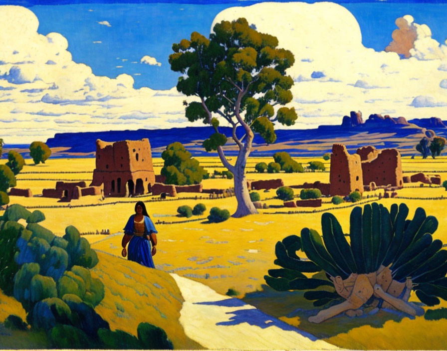 Colorful painting of person in blue outfit on path with adobe buildings, lone tree, and blue