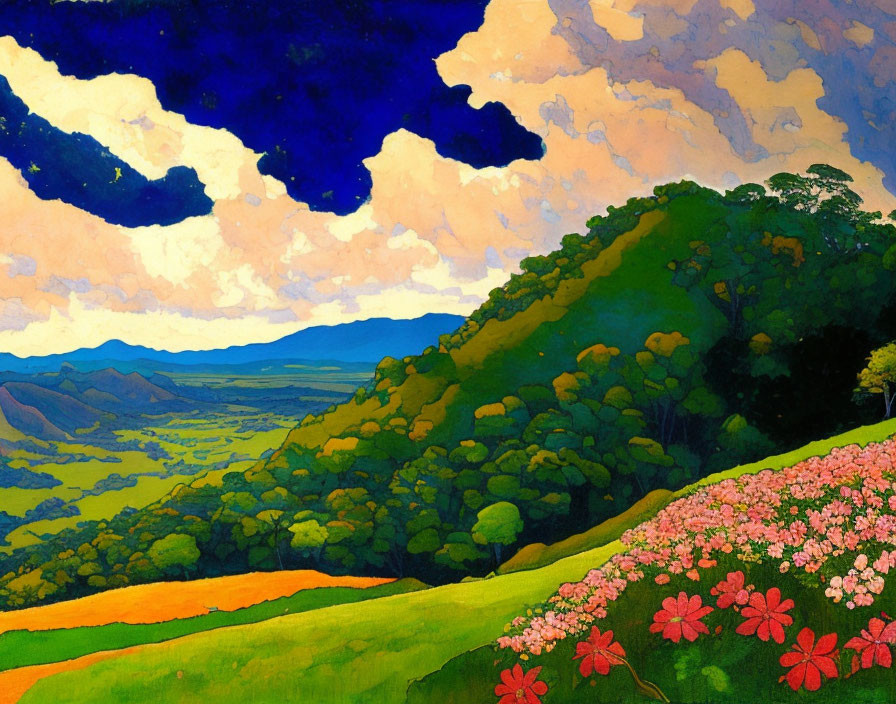 Colorful landscape painting: rolling hills, floral foreground, patchwork fields, dramatic sky