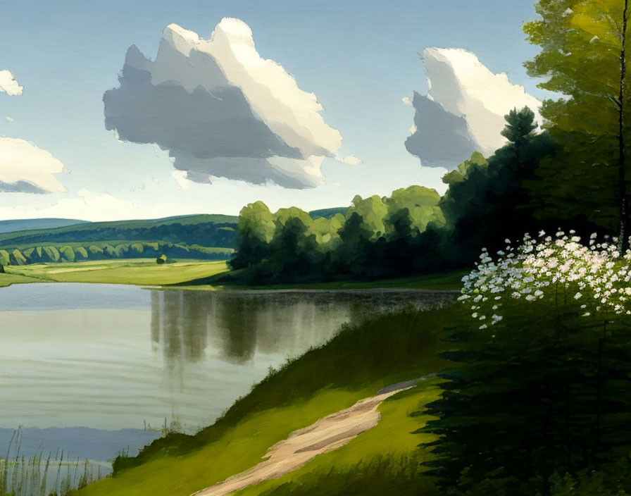 Tranquil lake landscape with cloud reflection and lush greenery