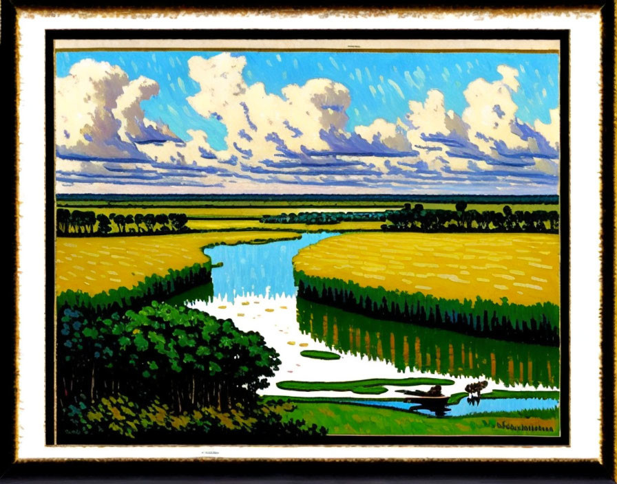 Scenic landscape painting with river, greenery, fields, fluffy cloud sky