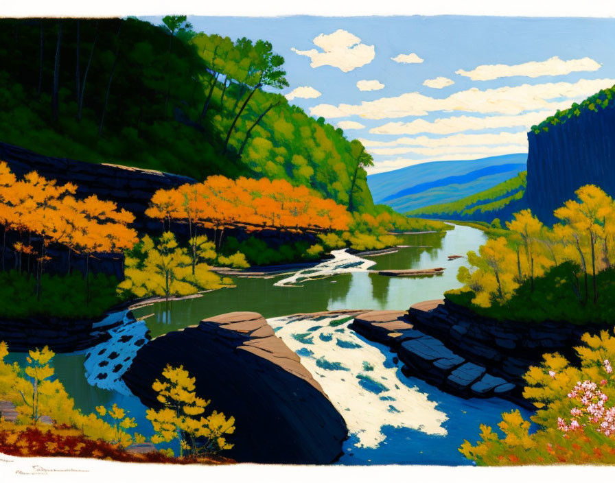 Scenic painting of river in forested valley with autumn trees