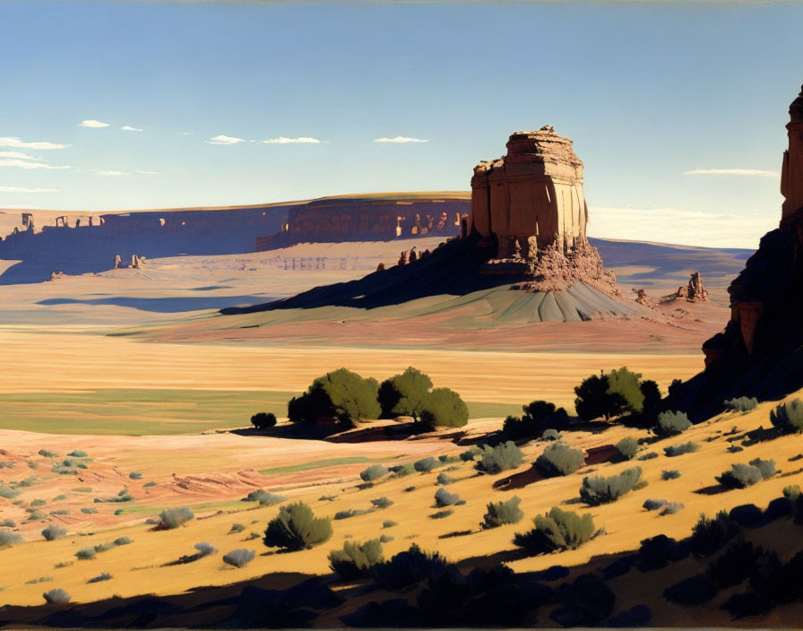 Vast sandstone butte in expansive desert landscape