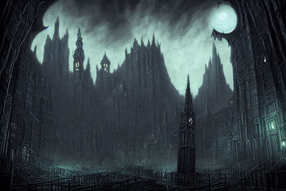 Gothic cityscape at night with towering spires and luminous moon
