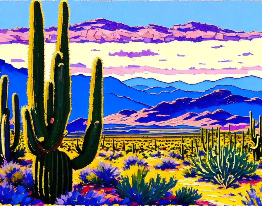 Colorful desert landscape painting with tall cacti and vibrant mountains under a colorful sky