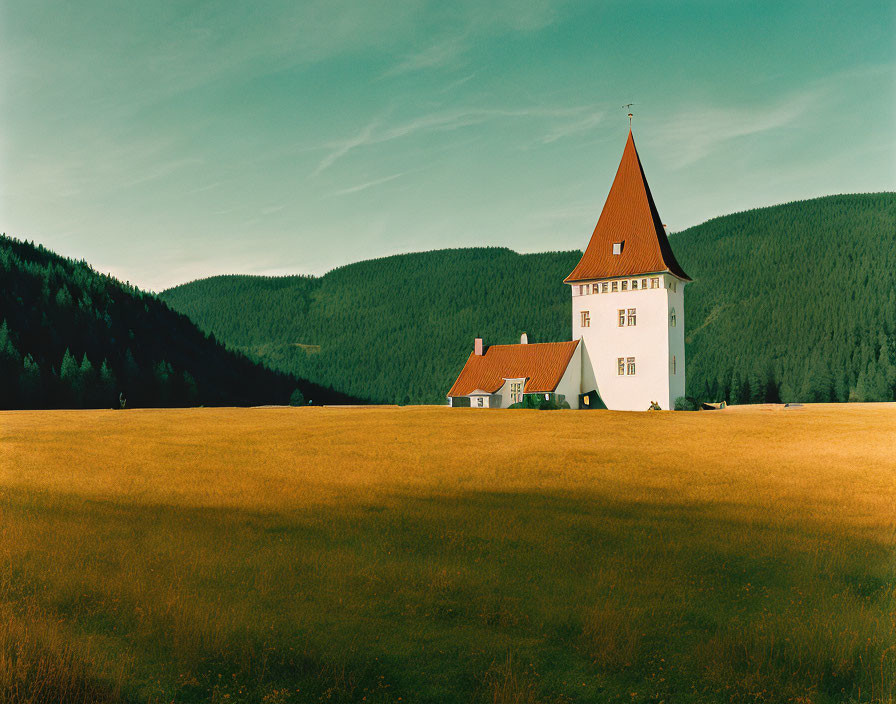 White House with Red Roof and Tower in Golden Field with Evergreen Forest Background