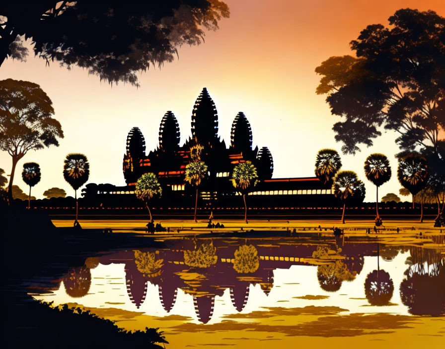 Silhouette of Angkor Wat Temple at Warm Sunset