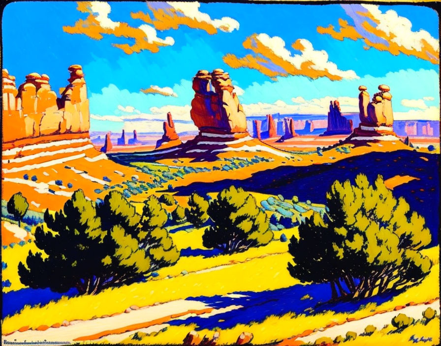 Colorful Stylized Landscape with Rock Formations and Blue Sky