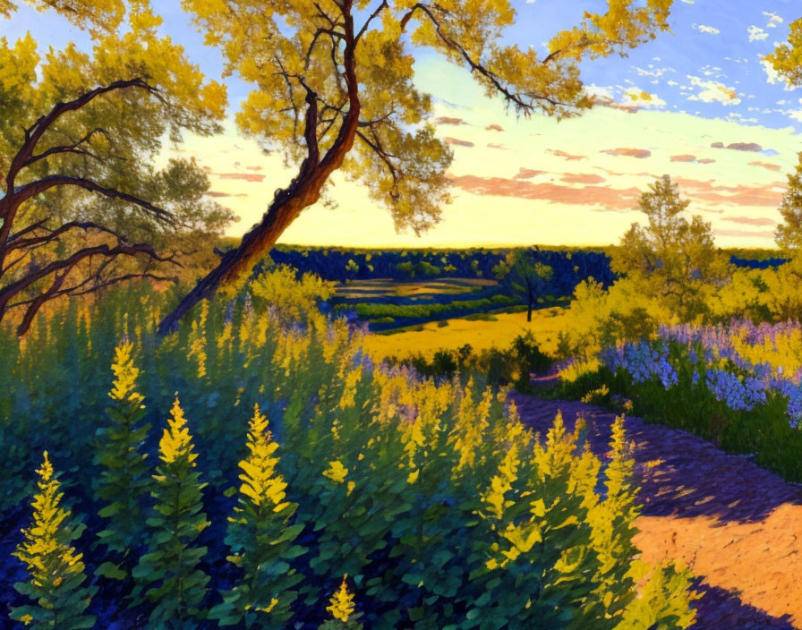 Vibrant Impressionist Landscape with Tree, Path, and Wildflowers