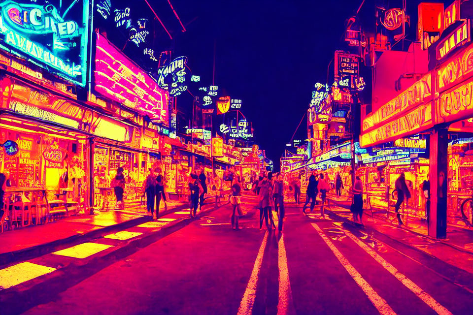 Neon-lit street at night with bustling pedestrians