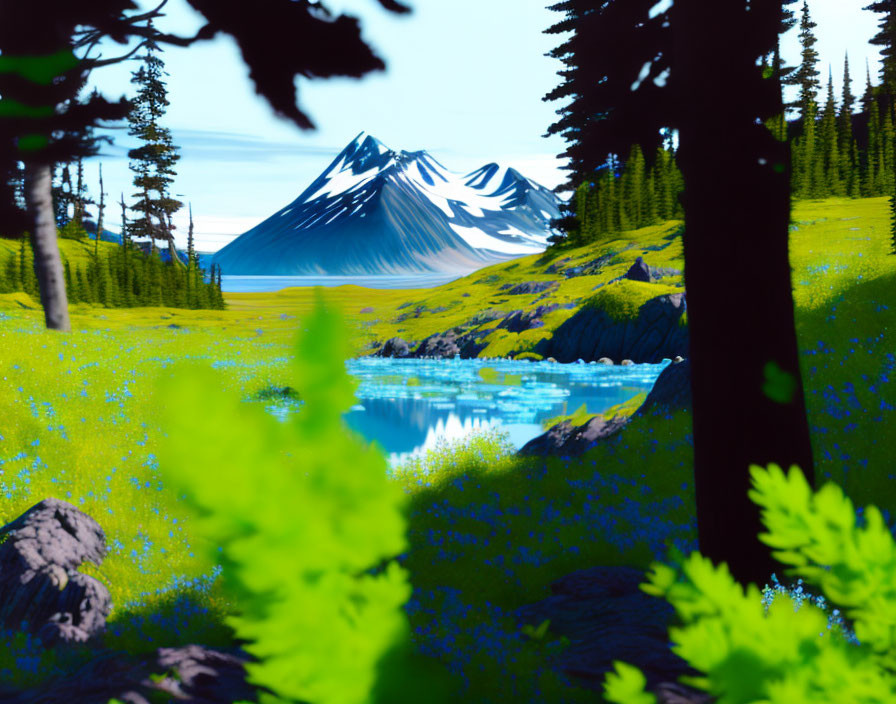 Scenic landscape with blue lake, wildflowers, and snowy mountains